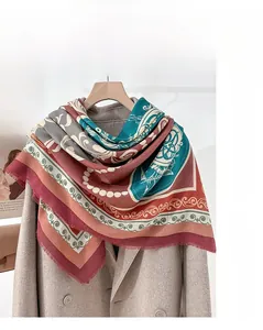 Detailed macro view of retro ethnic style scarf showing chain pattern and soft fringe edges