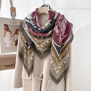 Ethnic retro patterned shawl with horse carriage print and fringe in burgundy and khaki