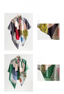 Détail du foulard en soie imprimé montrant des motifs floraux et une texture de tissu lisse