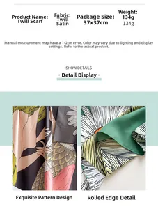 Détails rapprochés d'un foulard carré en satin de sergé aux imprimés vifs et bords roulés