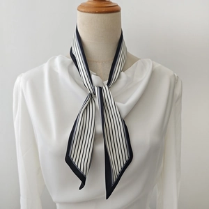 French style black and white striped skinny silk scarf on white shirt collar
