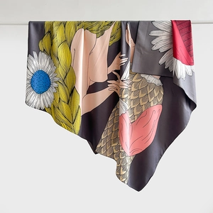 Carré de soie artistique avec illustration florale pour femme en gris foncé et jaune vif