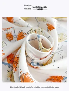 Detailed macro view of silk-like floral square scarf with elegant orange flower patterns