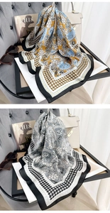 Detail of floral and paisley print square scarves in two elegant color patterns
