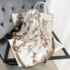 Elegant Women Floral Printed Polyester Square Scarf Silk-Like Satin Texture Scarf Fashion Ladies Neck Accessory