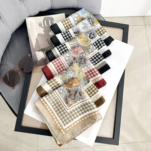 Elegant floral silk square scarf with houndstooth pattern for women in multiple colors