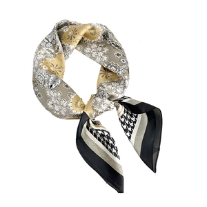 Elegant floral and houndstooth print square scarf in beige and black silk texture