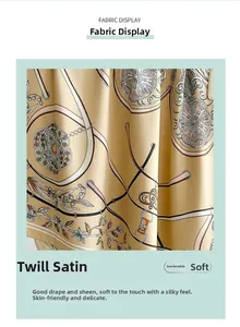 Detailed view of champagne gold satin fabric with vintage chain and medal prints