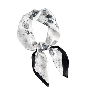 Elegant floral silk-feel square scarf with gray daisy print and black border design