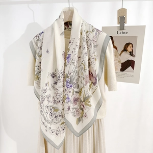 Women Elegant Floral Print Polyester Square Scarf 90cm Herringbone Texture Fashion Silk-Like Accessory Neck Wrap