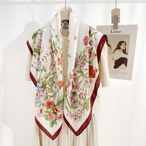 Floral print herringbone square silk scarf with red border and fresh summer flower patterns