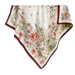 Elegant ivory square silk scarf with floral print and deep red borders for summer fashion