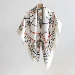 Women Elegant Satin Square Scarf Floral Equestrian Print Vintage Silk Like Shawl Wrap For Photography Travel Accessory