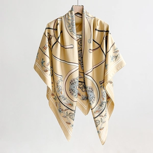 Elegant ethnic style square silk scarf with vintage belt and floral patterns