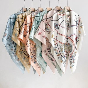 Ethnic printed silk square scarves in six colors featuring floral chain patterns