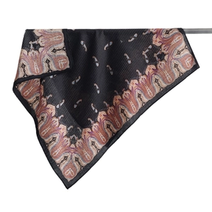 Classic black paisley cotton square scarf with intricate floral border and silk texture