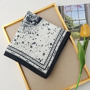Vintage zodiac cotton linen square scarf with monochrome celestial sun and star prints
