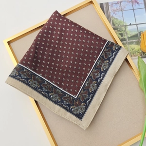 Vintage burgundy pocket square with paisley patterns and polka dots for suits
