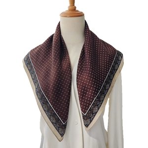 Retro houndstooth silk square scarf featuring wine red geometric pattern and paisley border
