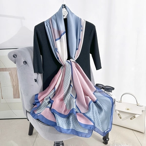 Women Fashion Satin Silk-Like Long Scarf Shawl Geometric Color Block Houndstooth Pattern Printed Neck Wrap Scarf Accessories