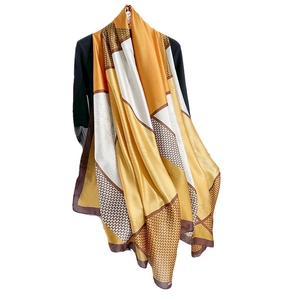 Silk satin long shawl scarf with yellow geometric pattern and houndstooth design