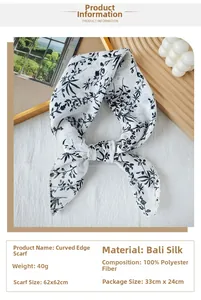 Detail view of floral print square scarf with picot edge in white voile polyester