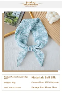 Detail of blue floral voile scarf with wavy edges on a tray, 62x62cm dimensions