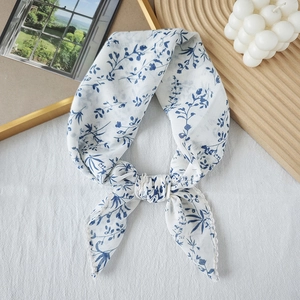 Elegant white floral neck scarf with blue botanical leaf prints and wavy lace edges