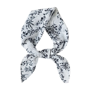 Elegant white square scarf with black plant print and chic scalloped edges for women