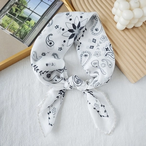 Retro paisley print square scarf with delicate lace trim and knot detail for women