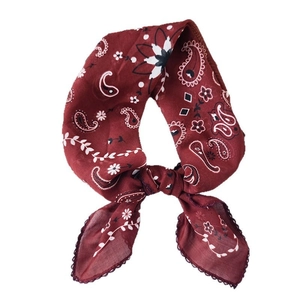 Vintage burgundy paisley print bandana with premium fine-stitched edges in a knotted style