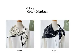 Detailed close-up showing black and white polka dot silk scarves with fine edge stitching