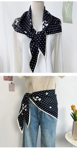 Detailed views of polka dot neck scarf used as a stylish shoulder wrap and a decorative waist belt