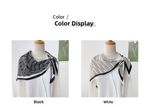 Detail of elegant black and white striped silk scarves on models with pearl necklaces