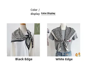 Detail of floral and geometric print neckerchiefs in black and white satin fabric