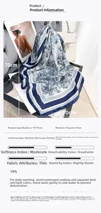 Detail of 70x70cm floral square scarf with blue and white landscape print in silk-like finish