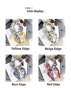 Four color options of geometric diamond pattern silk scarves in a flat lay display
