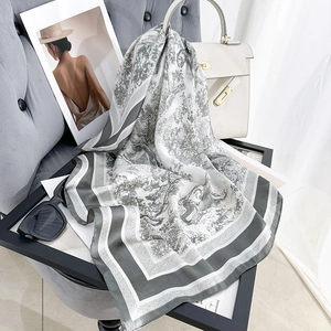 French Toile De Jouy Print Square Scarf For Women Elegant Polyester Satin Landscape Pattern Neck Head Fashion Accessory