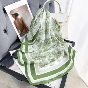 French pastoral landscape printed green silk square scarf with vintage toile de jouy pattern