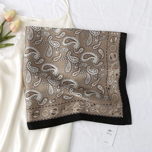 Classic paisley bandana neck scarf in coffee and black silk satin with floral accents