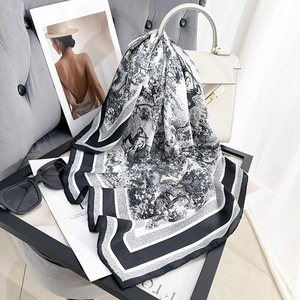 Elegant Toile de Jouy print silk scarf with black and white stripes for retro styling