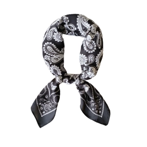 Classic vintage black and white paisley silk scarf with a satin finish for styling