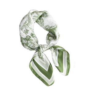 Floral print silk scarf with green pastoral pattern and wide striped border on white