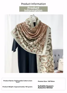 Detail specifications of cotton linen scarf with leopard and floral prints measuring 180x85cm
