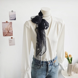 Lightweight black chiffon scarf with white polka dots and floral print for women