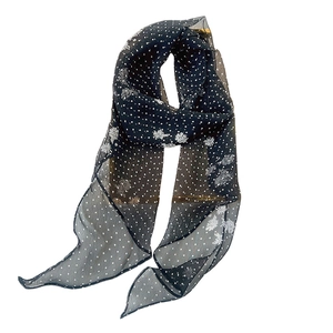 Elegant semi-transparent chiffon scarf with white polka dot and floral prints on black