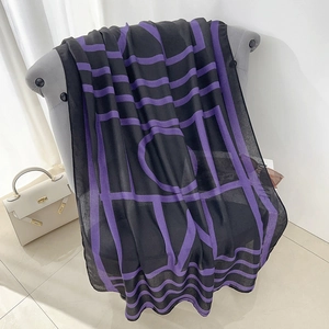 Modern cotton linen scarf with bold purple geometric patterns on black fabric