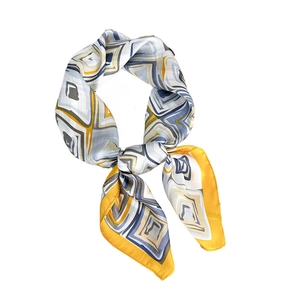 Modern abstract geometric silk scarf with mustard yellow and navy color block design