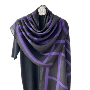 Lightweight cotton linen shawl with purple geometric pattern and camellia flower detail