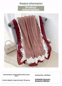 Détail d'écharpe en coton lin avec motifs baroques, taille 180x85cm et poids 180g